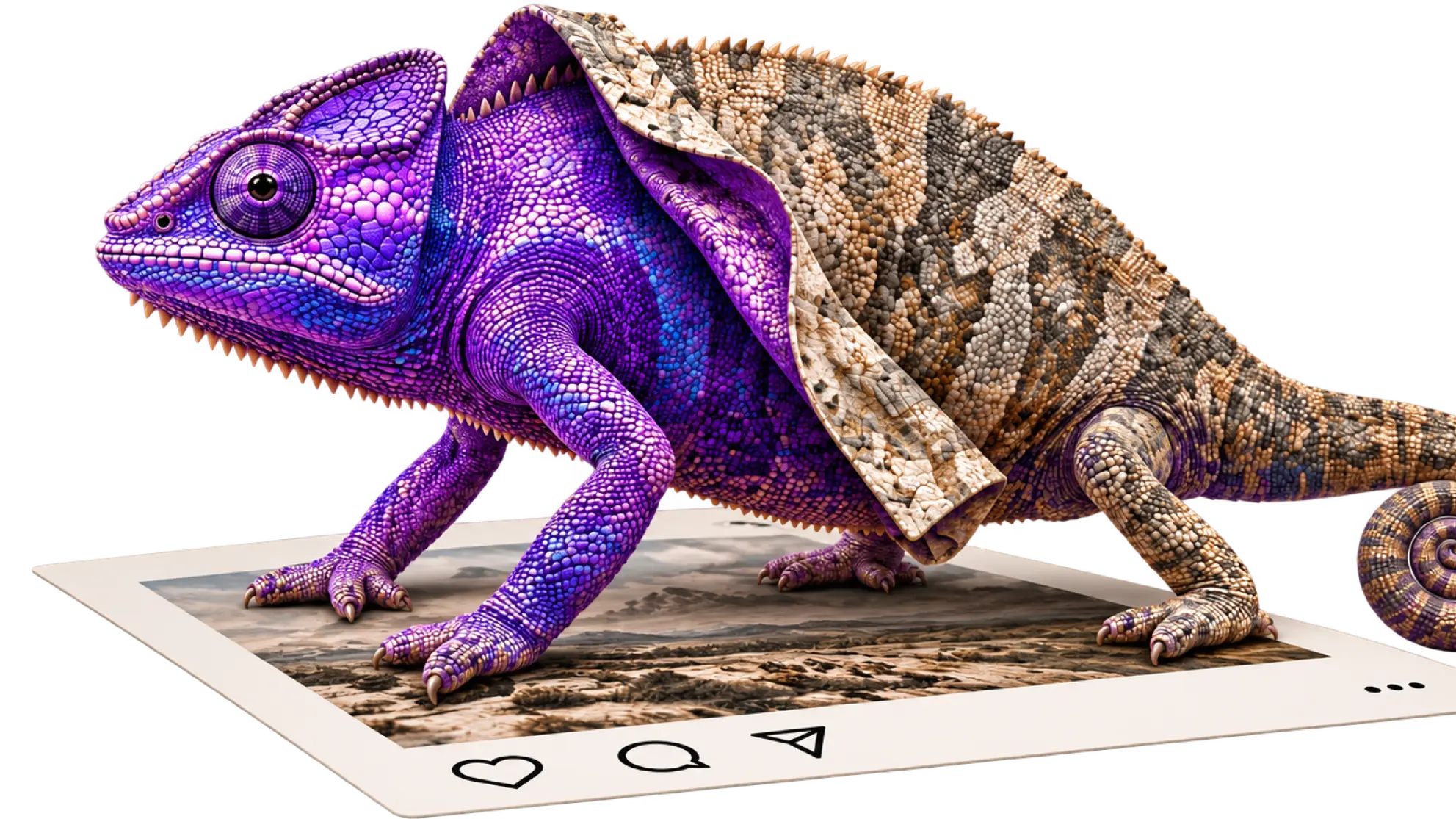 Purple chameleon on a social media post frame