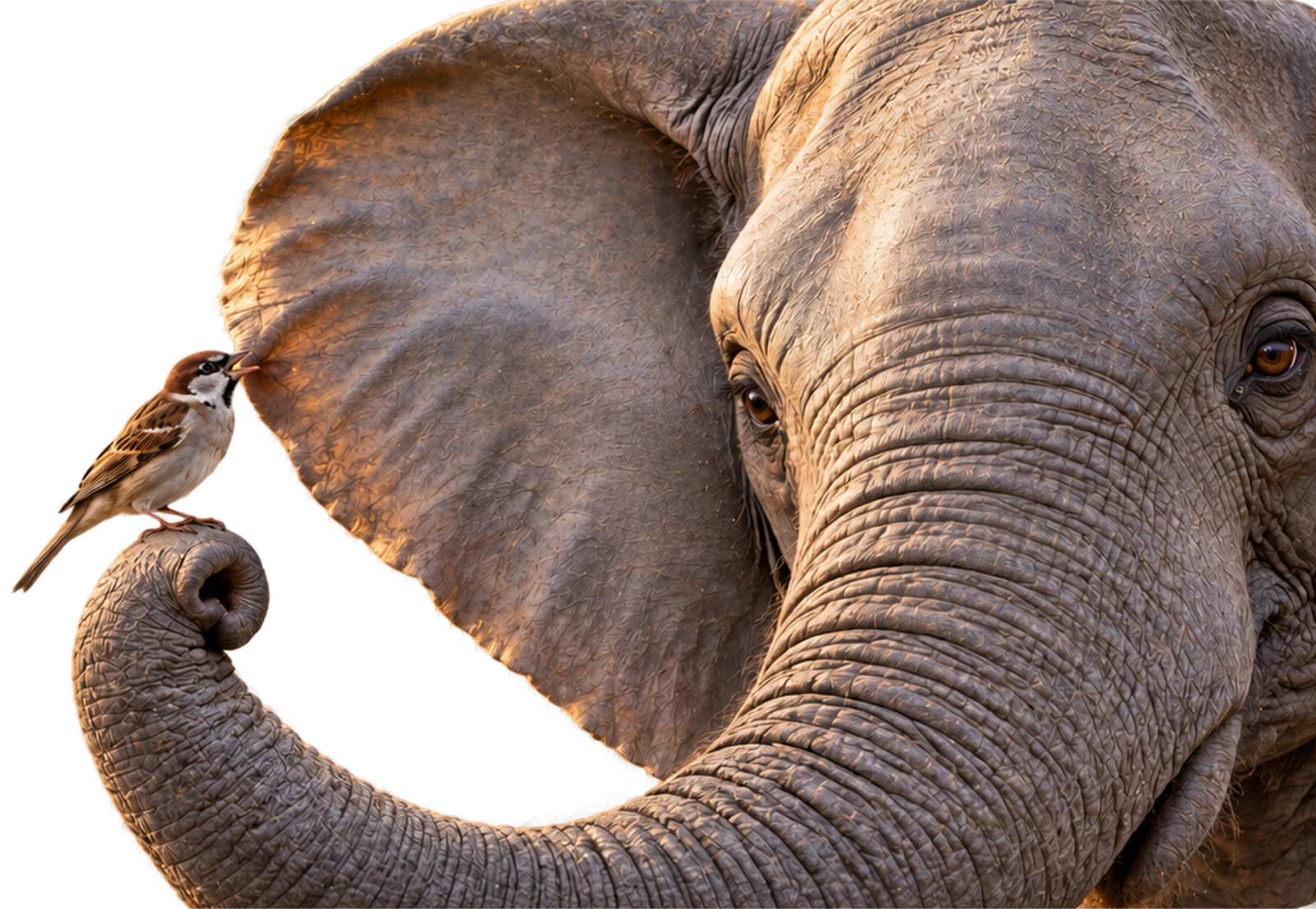 Sparrow sitting on an elephant trunk